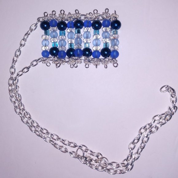 Handmade Blue Beaded Statement Necklace With Silver Tone Chains - Picture 9 of 16